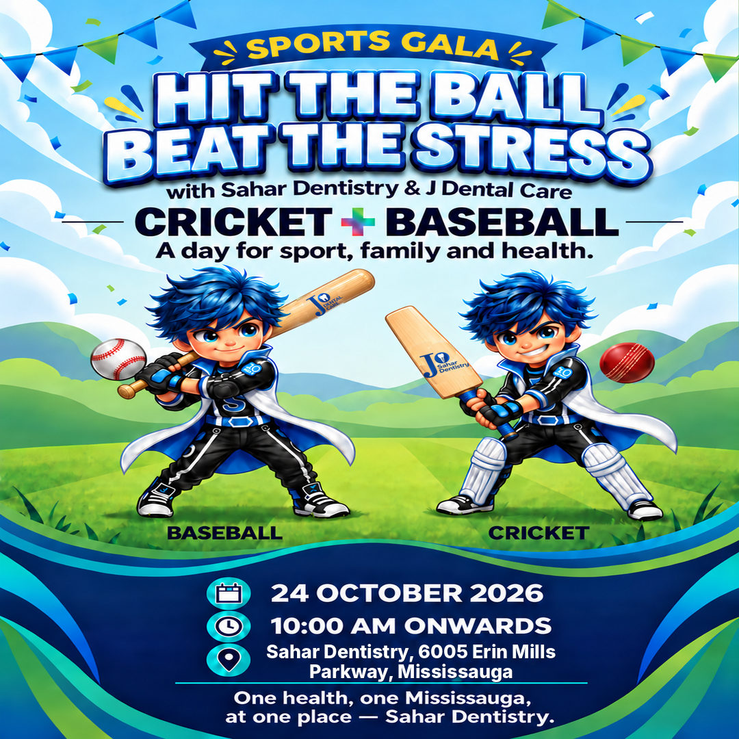 Mississauga Sports Gala 2026 – Cricket and Baseball. Saturday, October 24, 2026, from 10:00 AM at Sahar Dentistry, 6005 Erin Mills Parkway, Mississauga.